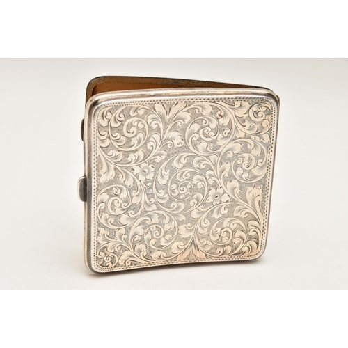 550 - A SILVER CIGARETTE CASE, square form case with etched scrolling acanthus detail and vacant shield ca... 