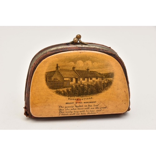 552 - A MAUCHLINE COIN PURSE, depicting burns cottage, together with a small quantity of heavily worn coin... 