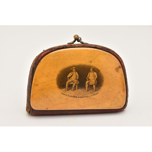 552 - A MAUCHLINE COIN PURSE, depicting burns cottage, together with a small quantity of heavily worn coin... 