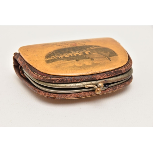 552 - A MAUCHLINE COIN PURSE, depicting burns cottage, together with a small quantity of heavily worn coin... 