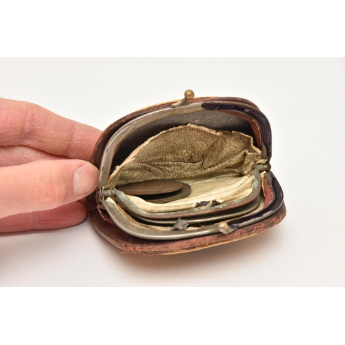 552 - A MAUCHLINE COIN PURSE, depicting burns cottage, together with a small quantity of heavily worn coin... 