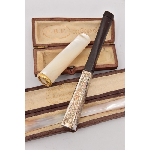 553 - THREE LADIES CHEROOTS, to include a carved and polished mother of pearl cheroot fitted with a thin y... 