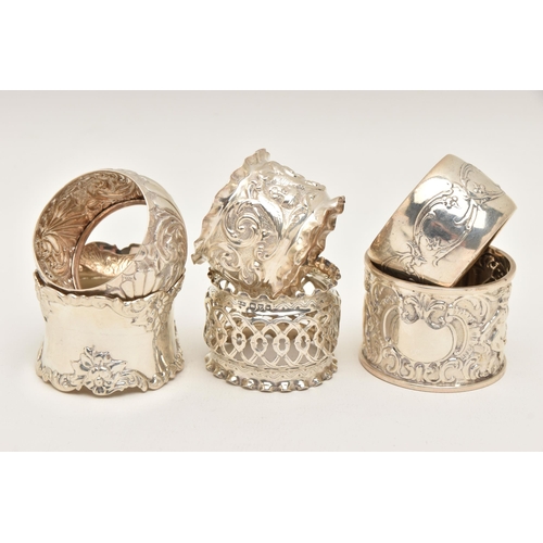 558 - SIX SILVER NAPKIN RINGS, various designs all with a full silver hallmarks, assay offices to include ... 