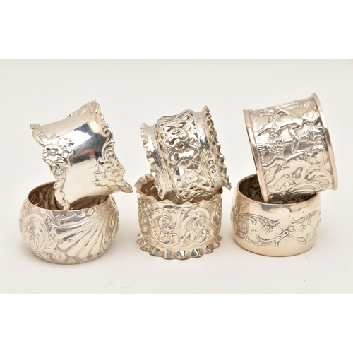 558 - SIX SILVER NAPKIN RINGS, various designs all with a full silver hallmarks, assay offices to include ... 