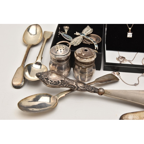 561 - AN ASSORTMENT OF SILVER AND WHITEMETAL, to include six silver fiddle pattern teaspoons, hallmarked L... 