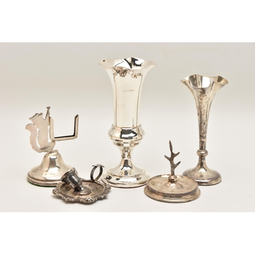 563 - AN ASSORTMENT OF SILVER ITEMS, to include a silver posy vase with wavy rim, on a round weighted base... 