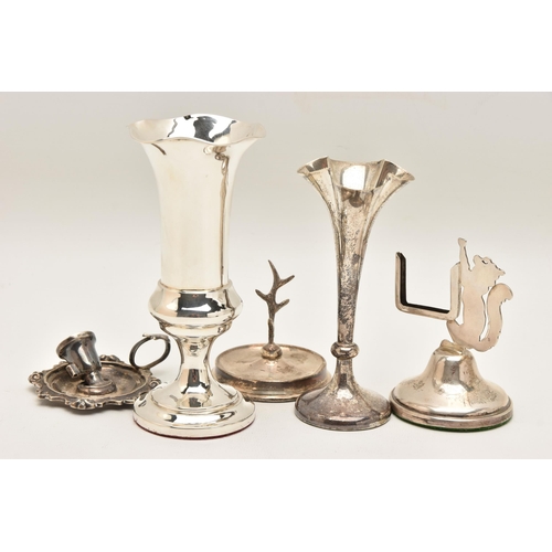 563 - AN ASSORTMENT OF SILVER ITEMS, to include a silver posy vase with wavy rim, on a round weighted base... 