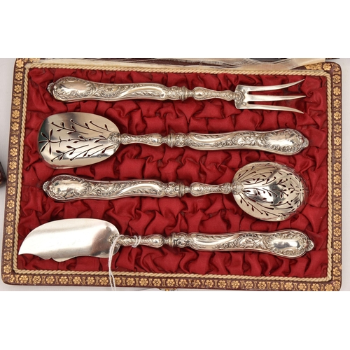 564 - A CASED SET OF TWO FRENCH SPOONS AND ANOTHER SET OF CUTLERY, the first a serving spoon with shell sh... 