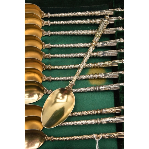 567 - A CASED SET OF TWELVE FRENCH TESPOONS, textured stems with pointed terminals, gilt bowls each stampe... 