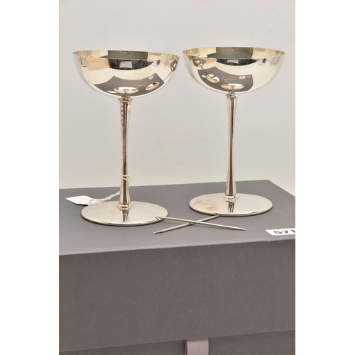 571 - A BOXED PAIR OF ELIZABETH II SILVER CHAMPAGNE BOWLS, polished designs with gilt interiors, thin stem... 