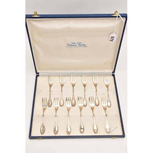 572 - A CASE OF WHITE METAL DESSERT FORKS, twelve dessert forks, stamped 800, approximate gross weight 188... 