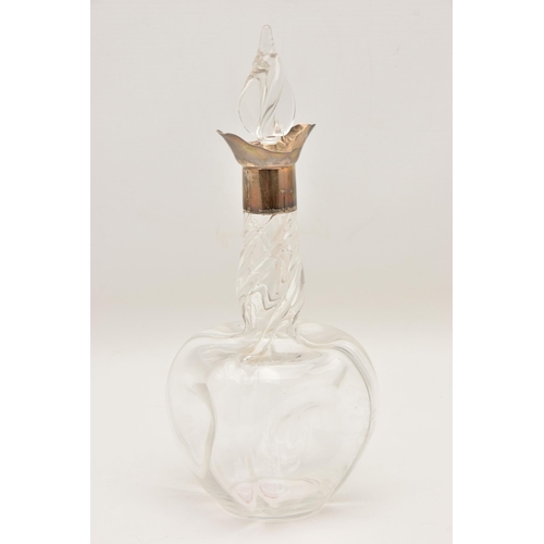 574 - A LATE VICTORIAN 'JAMES DEAKIN & SONS' GLASS DECANTER, rounded base with twisted stem, silver collar... 