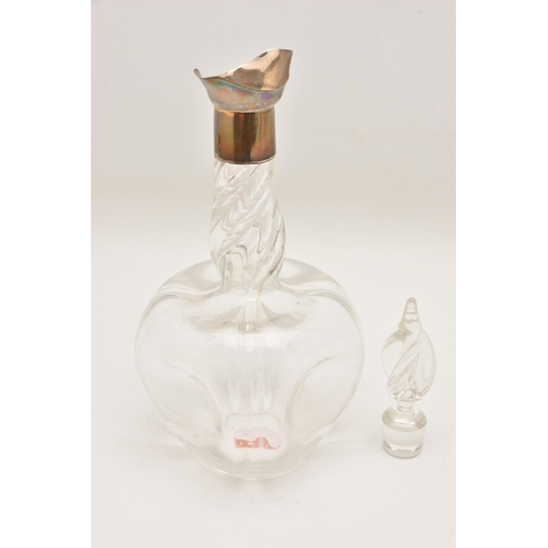 574 - A LATE VICTORIAN 'JAMES DEAKIN & SONS' GLASS DECANTER, rounded base with twisted stem, silver collar... 