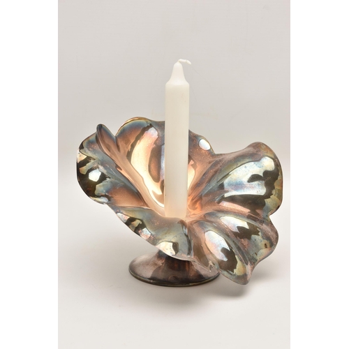 576 - AN ITIALIAN WHITE METAL FLOWER SHAPED CANDLE HOLDER, on a round pedestal base, stamped 925 Italian m... 