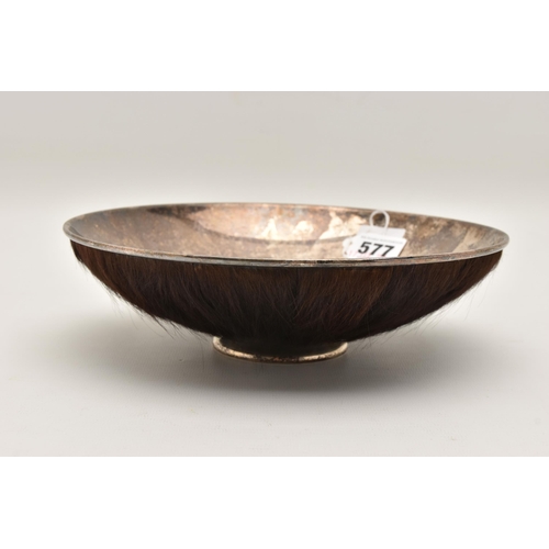 577 - AN ELIZABETH II SILVER BOWL, polished bowl with attached brown hair to the outside, on a round base,... 