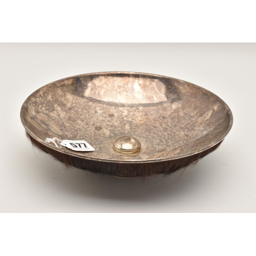 577 - AN ELIZABETH II SILVER BOWL, polished bowl with attached brown hair to the outside, on a round base,... 