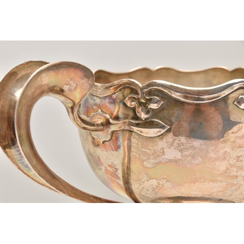 583 - AN EARLY 20TH CENTURY CHINESE SILVER PRESENTATION TWIN HANDLED TROPHY CUP WITH HARDWOOD PLINTH, poli... 