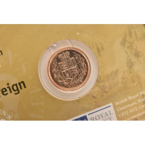 586 - A ROYAL MINT 2002 22CT GOLD BULLION CARDED HALF SOVEREIGN COIN, 19.3mm diameter, 3.99 grams, Timothy... 