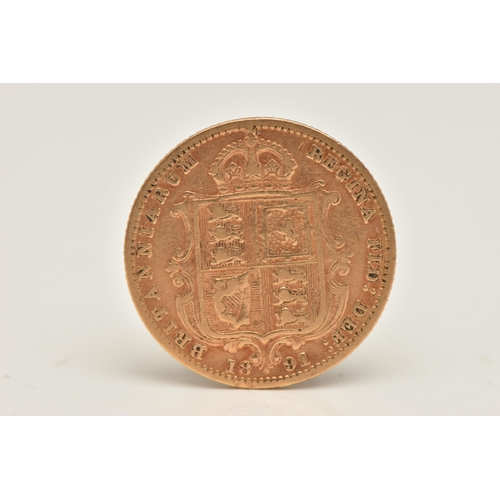 593 - A GOLD HALF SOVEREIGN COIN VICTORIA JUBILEE HEAD SHIELD BACK, 1891, 22ct, 3.9 grams, 19.3mm diameter... 