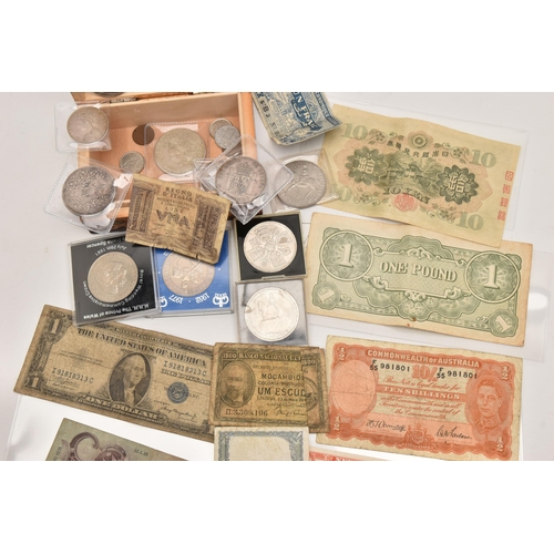 604 - A CARDBOARD TRAY OF MIXED COINS AND BANKNOTES, to include Fatman Dollar China 1921, India One Rupee ... 