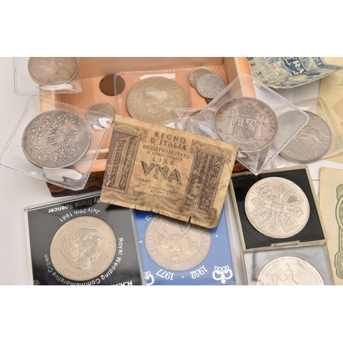 604 - A CARDBOARD TRAY OF MIXED COINS AND BANKNOTES, to include Fatman Dollar China 1921, India One Rupee ... 