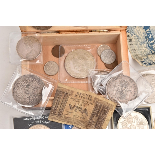 604 - A CARDBOARD TRAY OF MIXED COINS AND BANKNOTES, to include Fatman Dollar China 1921, India One Rupee ... 