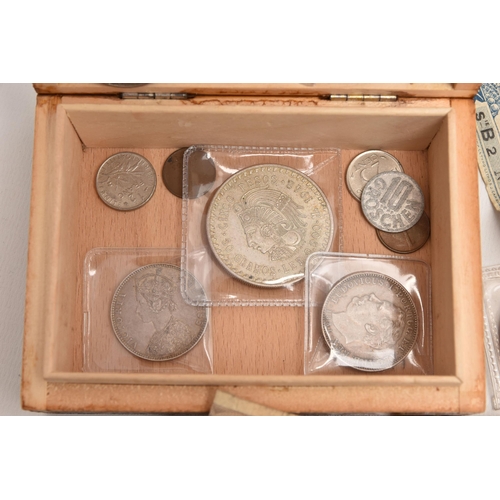 604 - A CARDBOARD TRAY OF MIXED COINS AND BANKNOTES, to include Fatman Dollar China 1921, India One Rupee ... 