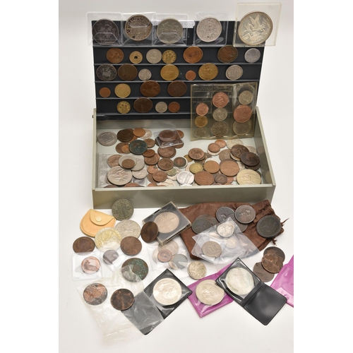 605 - A PLASTIC BOX CONTAINING MIXED COINAGE, to include a white metal approximate 94 gram part of the Ame... 