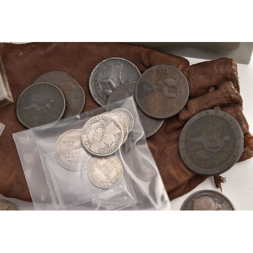 605 - A PLASTIC BOX CONTAINING MIXED COINAGE, to include a white metal approximate 94 gram part of the Ame... 