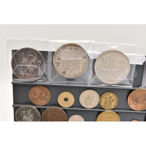 605 - A PLASTIC BOX CONTAINING MIXED COINAGE, to include a white metal approximate 94 gram part of the Ame... 