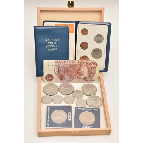 606 - A WOODEN BOX CONTAINING COINS, COMMEMORATIVES AND DECIMAL PACKS ETC