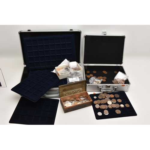 607 - TWO ALUMINIUM CASES AND SMALL BOX OF COINS, to include mixed world coins with a small amount of ster... 