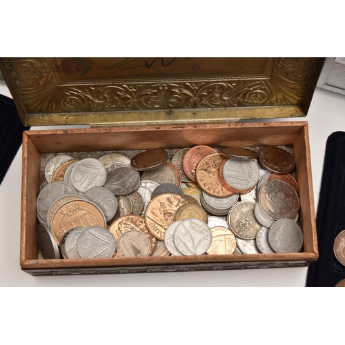 607 - TWO ALUMINIUM CASES AND SMALL BOX OF COINS, to include mixed world coins with a small amount of ster... 