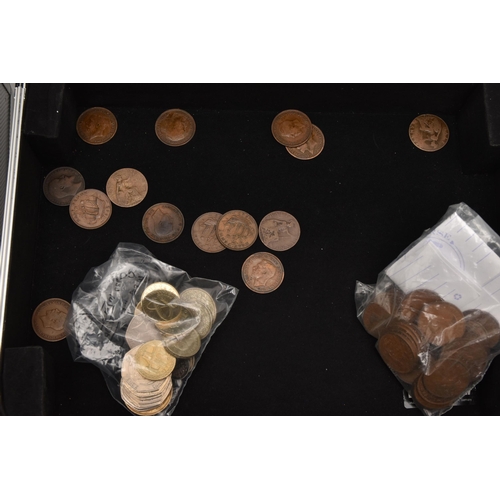 607 - TWO ALUMINIUM CASES AND SMALL BOX OF COINS, to include mixed world coins with a small amount of ster... 