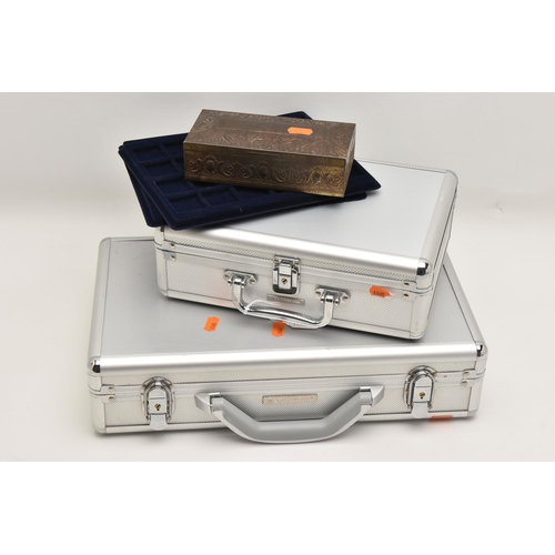 607 - TWO ALUMINIUM CASES AND SMALL BOX OF COINS, to include mixed world coins with a small amount of ster... 