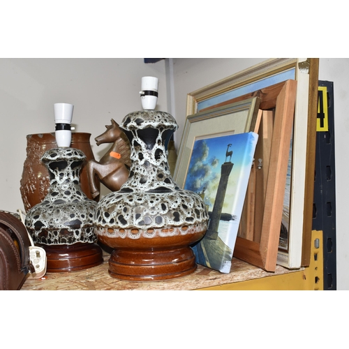 751 - TWO MID -TWENTIETH CENTURY WEST GERMAN LAVA GLAZE TABLE LAMPS, height 38cm and 35cm to top of electr... 