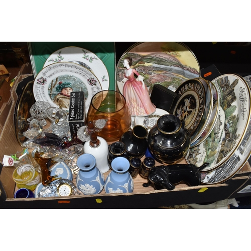 758 - FOUR BOXES OF MISCELLANEOUS CERAMICS AND GLASS, to include selection of figures, figurines, animals ... 