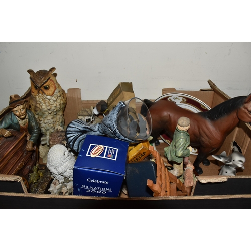 758 - FOUR BOXES OF MISCELLANEOUS CERAMICS AND GLASS, to include selection of figures, figurines, animals ... 