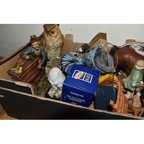 758 - FOUR BOXES OF MISCELLANEOUS CERAMICS AND GLASS, to include selection of figures, figurines, animals ... 