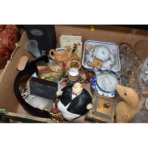 760 - TWO BOXES AND LOOSE MISCELLANEOUS SUNDRIES, to include Burmantofts Pottery large orange/red pot with... 