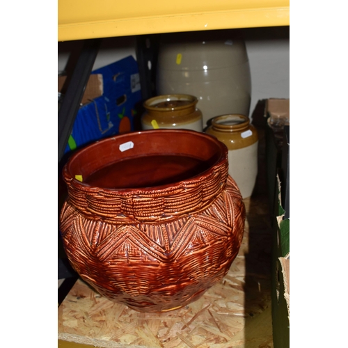 760 - TWO BOXES AND LOOSE MISCELLANEOUS SUNDRIES, to include Burmantofts Pottery large orange/red pot with... 