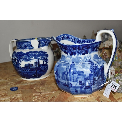 771 - THREE PIECES OF WEDGWOOD CERAMICS, comprising a blue and white Ferrara pattern jug of octagonal form... 