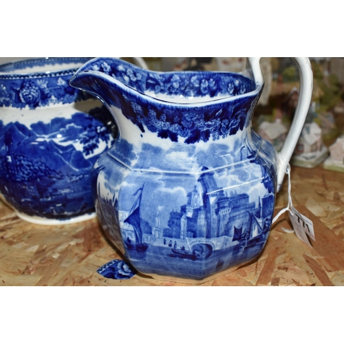 771 - THREE PIECES OF WEDGWOOD CERAMICS, comprising a blue and white Ferrara pattern jug of octagonal form... 