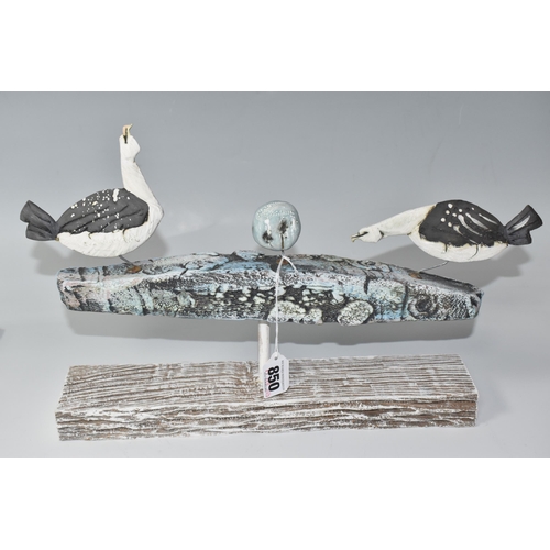 850 - A MARK SMITH (BRITISH, CONTEMPORARY) SEAGULLS SCULPTURE, mixed ceramics and wood, depicting two seag... 