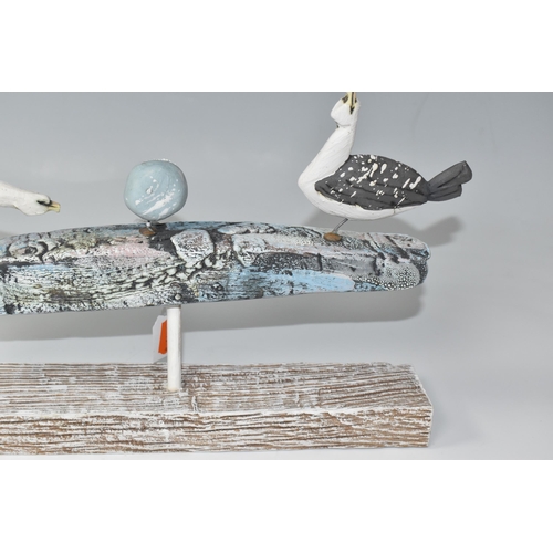 850 - A MARK SMITH (BRITISH, CONTEMPORARY) SEAGULLS SCULPTURE, mixed ceramics and wood, depicting two seag... 