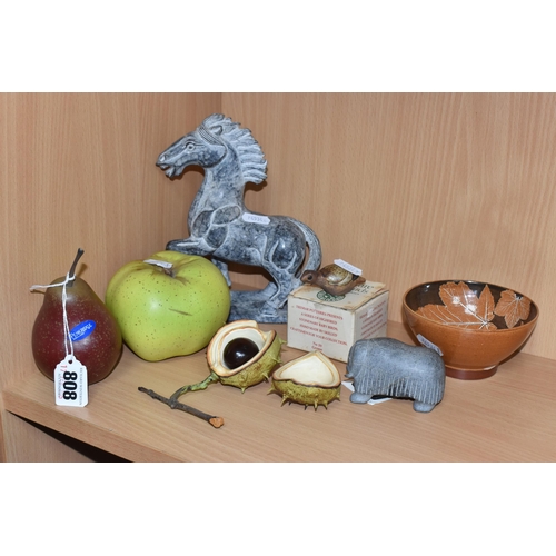 808 - A GROUP OF STUDIO POTTERY ITEMS to include three Penkridge Ceramics items comprising an apple, a pea... 