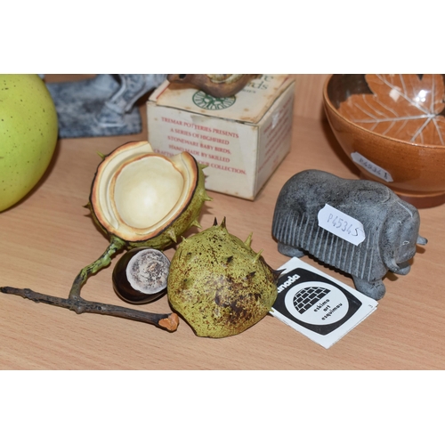 808 - A GROUP OF STUDIO POTTERY ITEMS to include three Penkridge Ceramics items comprising an apple, a pea... 