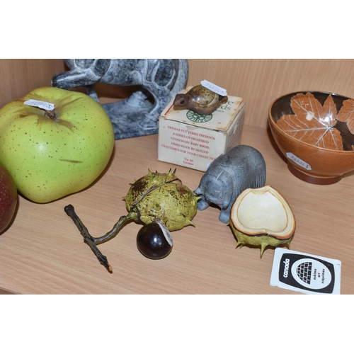 808 - A GROUP OF STUDIO POTTERY ITEMS to include three Penkridge Ceramics items comprising an apple, a pea... 