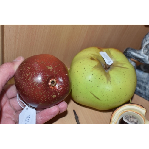 808 - A GROUP OF STUDIO POTTERY ITEMS to include three Penkridge Ceramics items comprising an apple, a pea... 