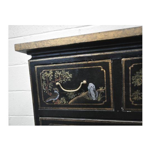 147 - A BLACK LACQUERED CHEST OF THREE SHORT OVER THREE LONG DRAWERS, with various chinoiserie decorative ... 